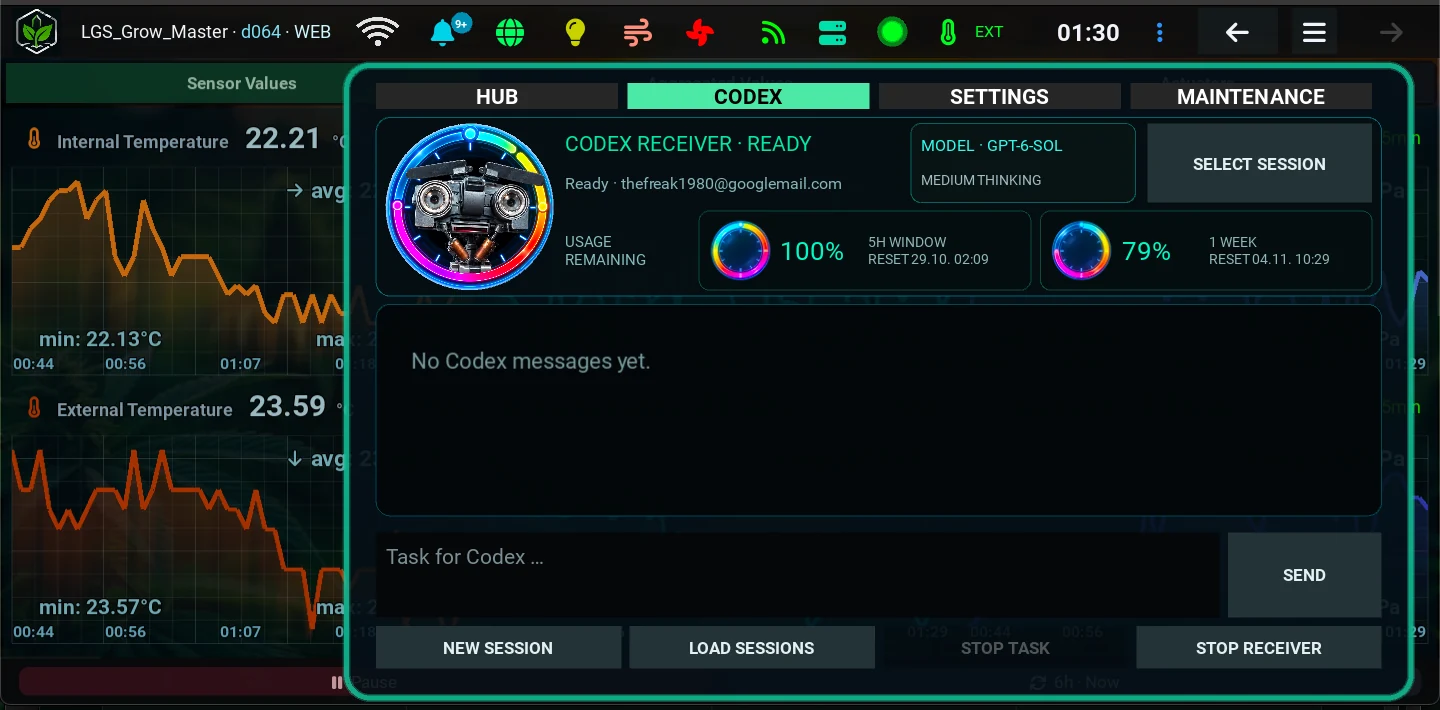 Área experimental de Codex en el dashboard de GrowBro