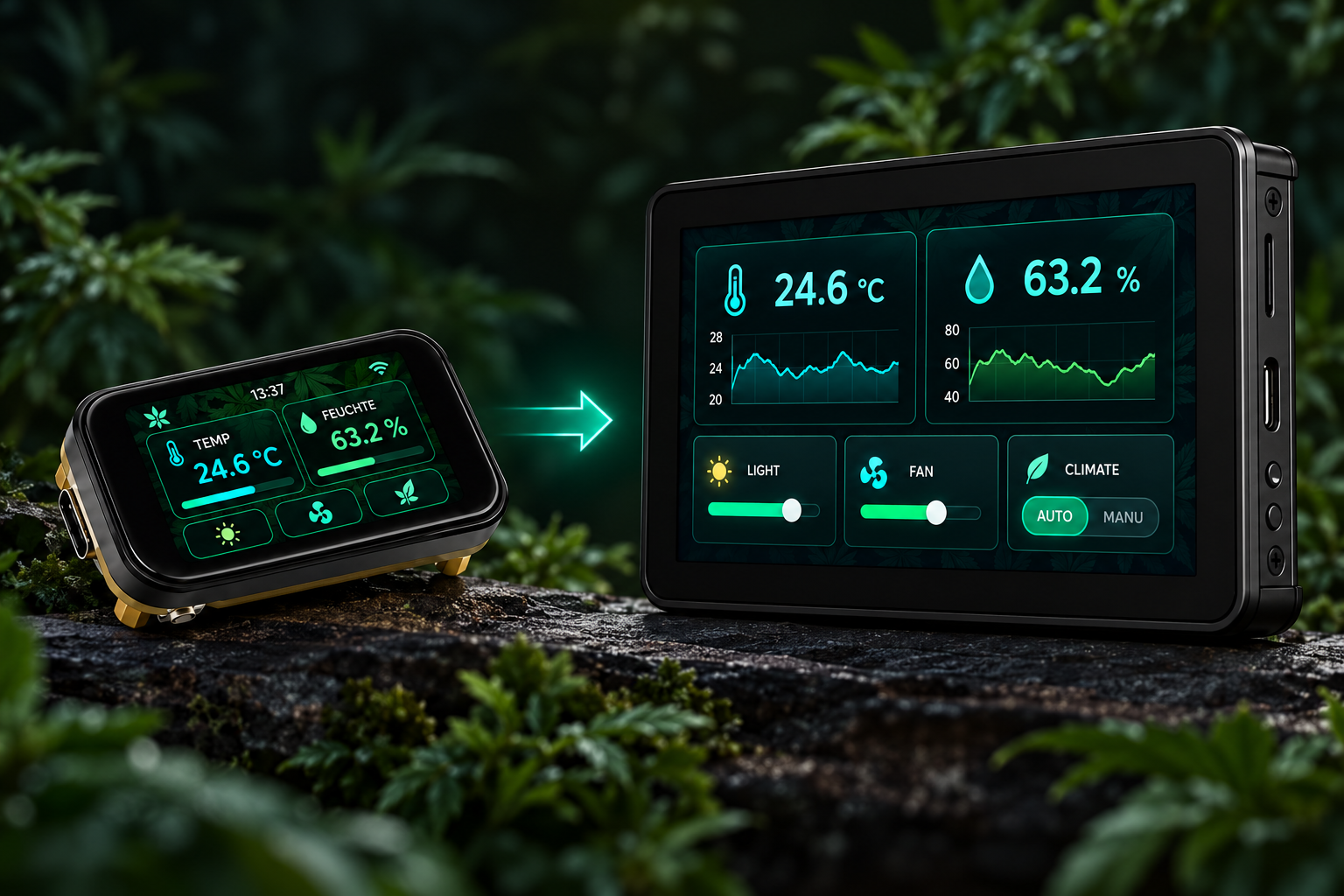 Zwei GrowBro-Display-Konzepte: links kompaktes Waveshare-Gerät, rechts größerer Touchscreen mit Klimawerten und Steuerungen