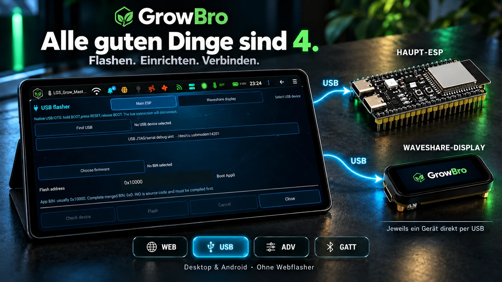 Imagen conceptual del flasheador USB de GrowBro con app y hardware ESP32