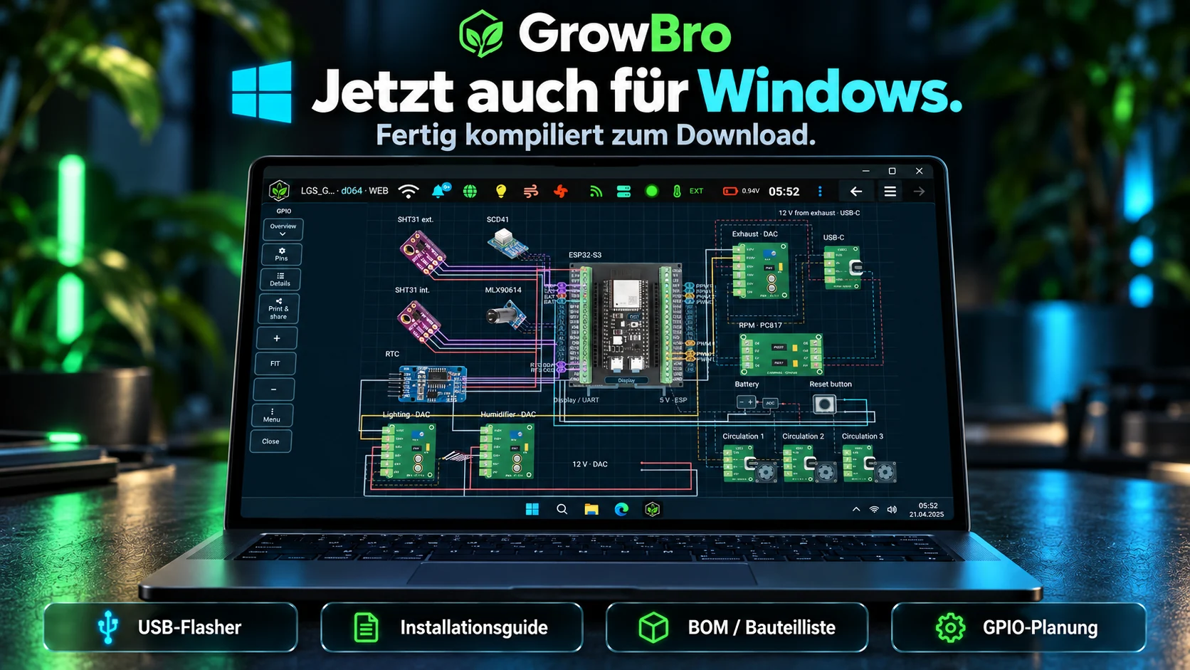 Imagen conceptual de GrowBro con dashboard para Windows y plano de conexiones GPIO