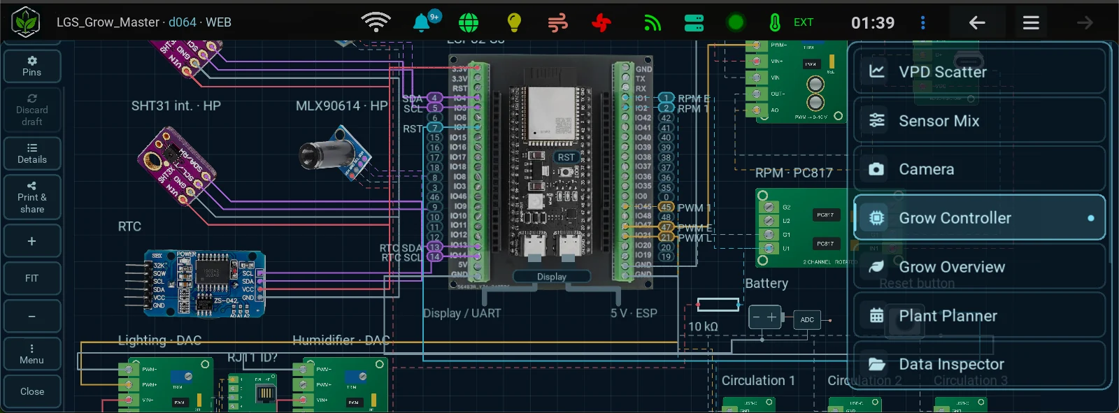 Plano GPIO actual de GrowBro con ESP32-S3 y módulos conectados