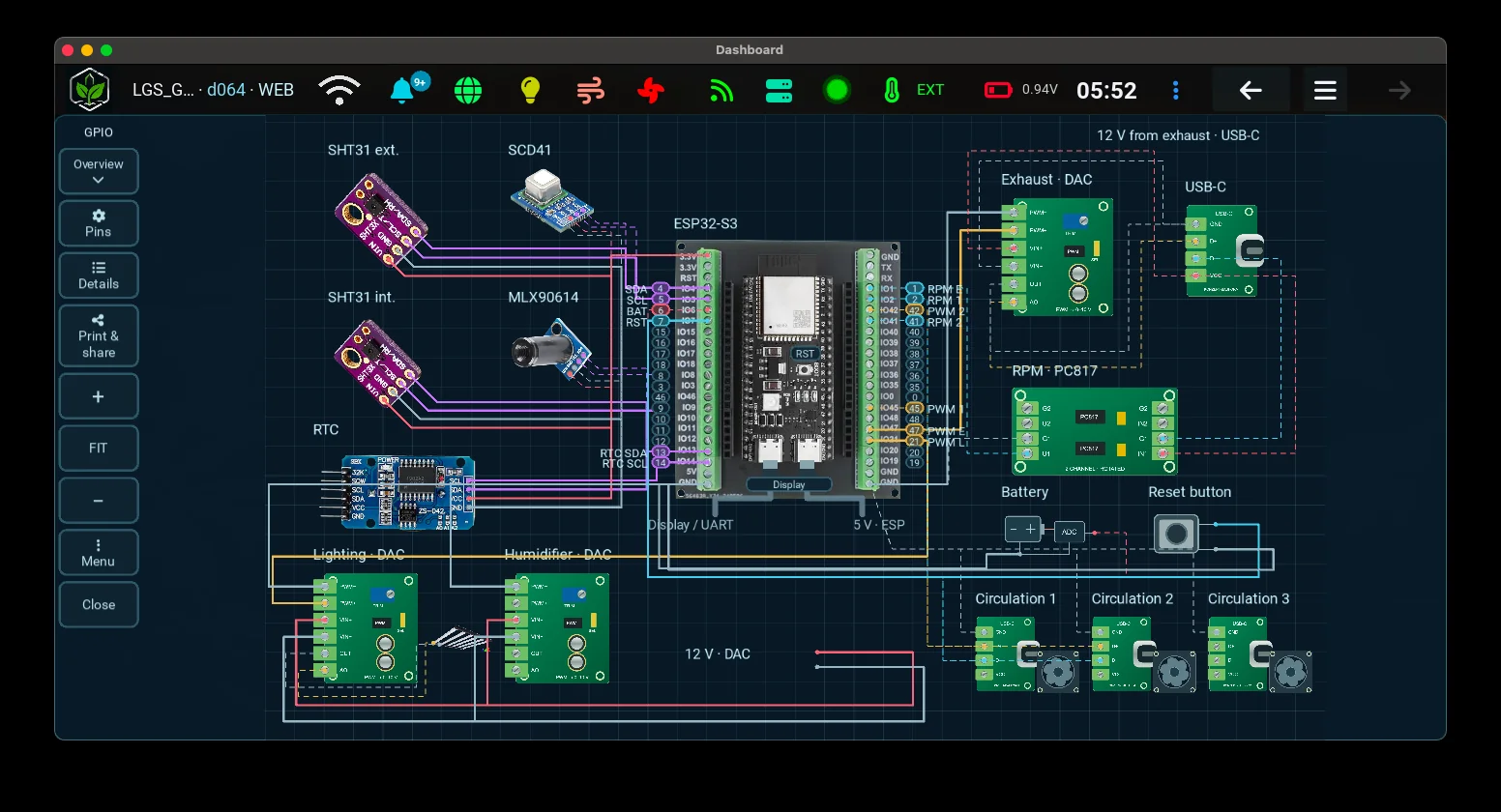GrowBro GPIO-Anschlussplan mit ESP32-S3, Sensoren, Aktoren und farbigen Leitungswegen